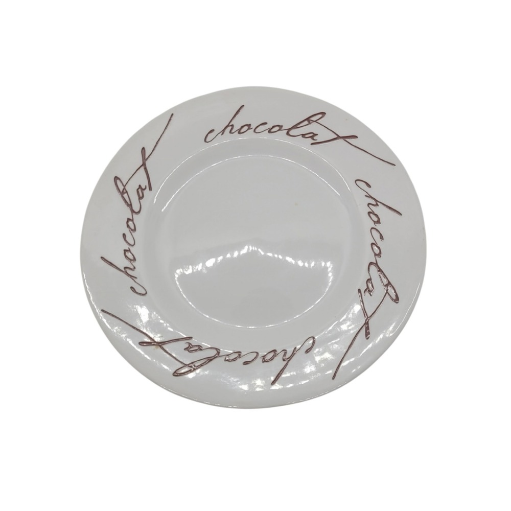 Crate & Barrel Chocolat Dessert Plate White Ceramic Brown Script